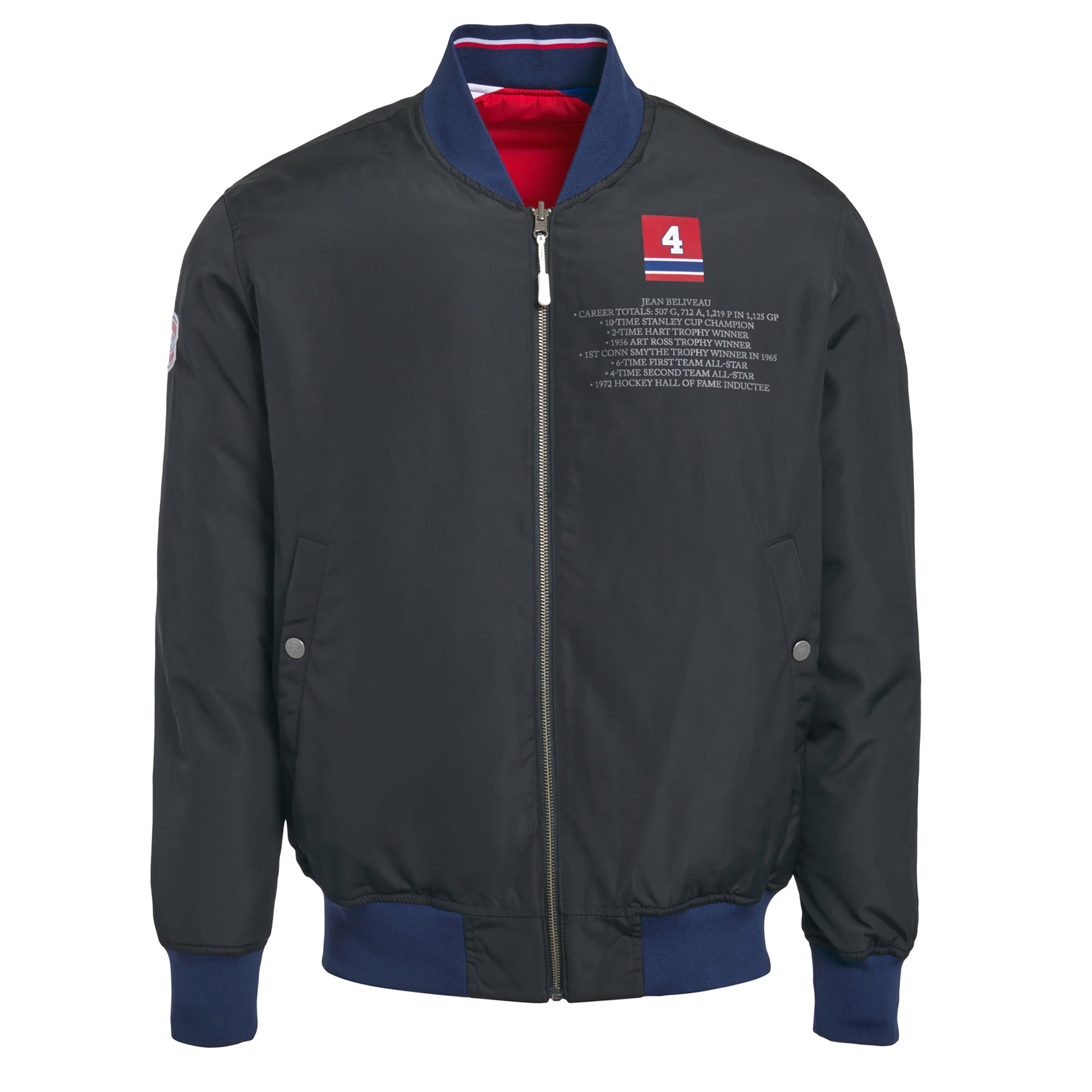 Veste bomber réversible à fermeture éclair intégrale FE Jean Beliveau rouge/noir pour homme, des Canadiens de Montréal